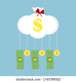 Cloud in shape of money sack with hanging paper green dollars and coins with dollar sign. Vector illustration. 
