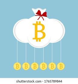 Cloud in shape of money sack and hanging coins with bitcoin sign. Vector illustration. 