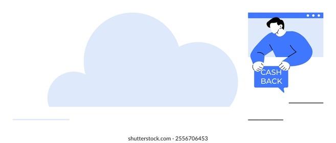 Cloud shape with a person holding a cashback sign in blue. Ideal for finance, e-commerce, digital marketing, promotions, cloud storage. Clean and modern style