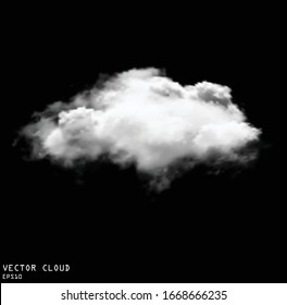 Cloud Shape Realistic Vector Illustration, White Fluffy Cloud Isolated Over Solid Black Background