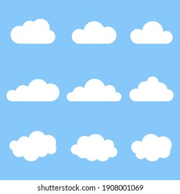 Cloud shape set. White clouds elements collection. Weather symbol. Vector isolated on blue background.