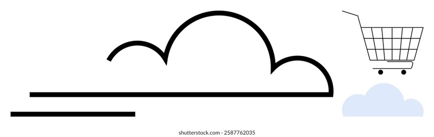 Cloud shape and shopping cart evoke online retail and storage. Ideal for e-commerce, cloud computing, online services, digital marketing, and global trade themes. Simple line art style