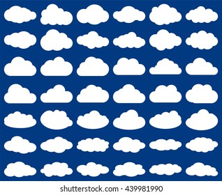 Cloud shape. Vector set of clouds silhouettes isolated on blue sky background. Collection of elements for cloudscape design, weather icons,  web upload interface or cloud storage symbol. Fluffy forms.