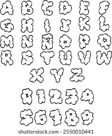 cloud shaped alphabet with doodle style, numbers, vector drawing or handmade effect, Spanish	