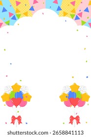 Cloud shaped background frame, balloon, confetti, bunting, party flag, vertical