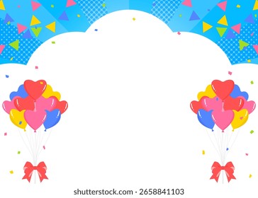 Quadro de fundo em forma de nuvem, balão cardíaco, confete, bunting, bandeira de partido
