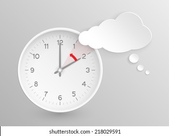 Cloud Shaped Speech Bubble And Vector Clock With Hands At 2 O'clock And An Red Arrow Symbolizing The Hour Backward To 1 O'clock For The Change Of Time In Autumn, Fall In America On Silver Background.