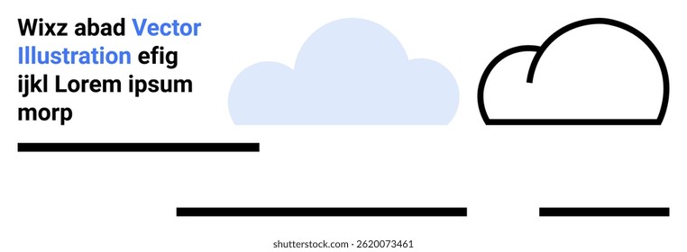 Cloud shapes in blue and black lines with text blocks and horizontal lines. Ideal for weather apps, websites, tech presentations, educational content, reports, marketing materials, online courses