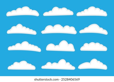 Cloud shapes set isolated on a blue background, Abstract white cloudy set isolated on blue background, Set of cartoon cloud in a flat design Modern icon or logo collection