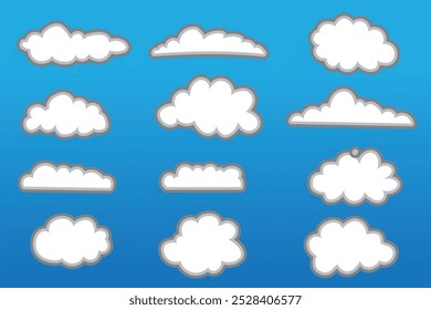 Cloud shapes set isolated on a blue background, Abstract white cloudy set isolated on blue background, Set of cartoon cloud in a flat design Modern icon or logo collection