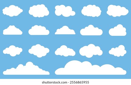 Cloud Shapes Vector Set. White Fluffy Cloud Icons on Blue Sky. Thinking bubbles, cloud message shapes. Collection of white cloud illustration.Cartoon Style sky vector set for Graphics and Background