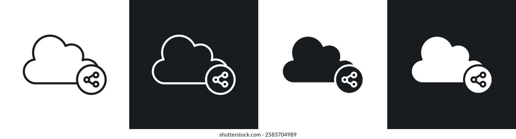 Cloud share icons collection in black and white filled and line versions