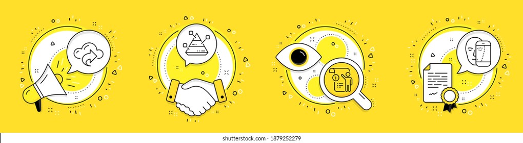 Cloud share, Manual doc and Pyramid chart line icons set. Megaphone, licence and deal vector icons. Face biometrics sign. Data sharing, Project info, Report analysis. Facial recognition. Vector