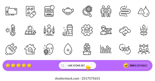 Cloud share, Medical drugs and Oil serum line icons for web app. Pack of Medical staff, Employees teamwork, Intestine pictogram icons. Cogwheel, Computer, Capsule pill signs. Gluten free. Vector