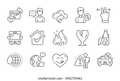 Cloud share, World water and Touchscreen gesture line icons set. Fragile package, Search people and Hot sale signs. Car leasing, Refresh website and Yummy smile symbols. Line icons set. Vector