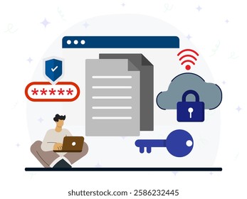 Cloud sharing protection concept. A man using laptop to give password on his documents on big screen. Cyber security, personal data lock, password protection, internet security. 