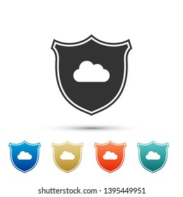 Cloud and shield icon isolated on white background. Cloud storage data protection. Security, safety, protection, privacy concept. Cloud computing. Set icons in color icons. Vector Illustration
