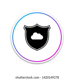 Cloud and shield icon isolated on white background. Cloud storage data protection. Security, safety, protection, privacy concept. Cloud computing. Circle white button. Vector Illustration