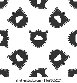 Cloud and shield icon isolated seamless pattern on white background. Cloud storage data protection. Security, safety, protection, privacy concept. Cloud computing. Flat design. Vector Illustration