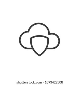 Cloud with shield line icon, outline vector sign, linear style pictogram isolated on white. Safe cloud symbol, logo illustration. Editable stroke