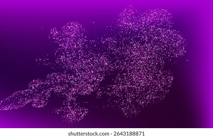 Cloud of shimmering purple particles against a deep purple background, dynamic ethereal effect. Pink particles clustered together in various densities, irregular, flowing shape of smoke or nebula.