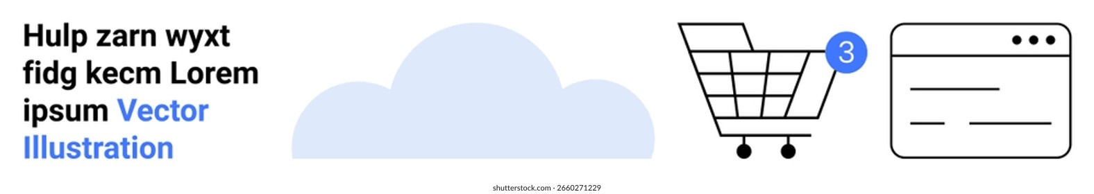 Nube, Carrito de compras con 3 notificaciones y ventana de interfaz de Web. Ideal para comercio electrónico, venta minorista en línea, notificaciones, compras, soluciones en la nube, Diseño web, marketing digital. Página de destino