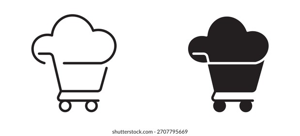 Conjunto de iconos de Carrito de compras en la nube en estilo de contorno y silueta, que representa tiendas de comestibles en línea, comercio en la nube y servicios de compras digitales, Ilustración vectorial.
