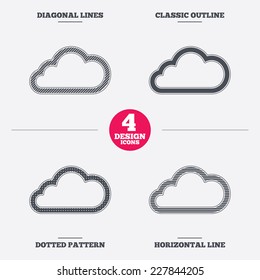 Cloud sign icon. Data storage symbol. Diagonal and horizontal lines, classic outline, dotted texture. Pattern design icons.  Vector