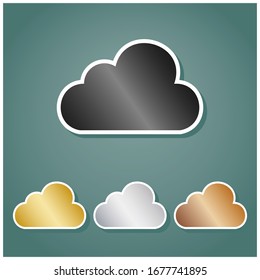 Ilustración de signo de nube. Conjunto de íconos metálicos con gradiente gris, dorado, plata y bronce con contorno blanco y sombra en fondo viridán. Ilustración.
