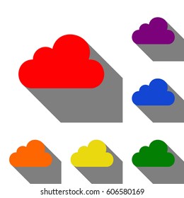 Cloud sign illustration. Set of red, orange, yellow, green, blue and violet icons at white background with flat shadow.