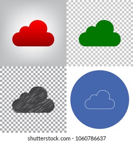 Cloud sign illustration. Vector. 4 styles. Red gradient in radial lighted background, green flat and gray scribble icons on transparent and linear one in blue circle.