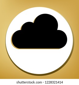 Cloud sign illustration. Vector. Black icon with light brown shadow in white circle with shaped ring at golden background.