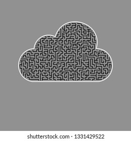 Cloud sign illustration. Vector. Black maze filled icon with white border at gray background.