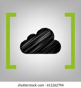 Cloud sign illustration. Vector. Black scribble icon in citron brackets on grayish background.