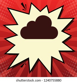 Cloud sign illustration. Vector. Dark red icon in lemon chiffon shutter bubble at red popart background with rays.