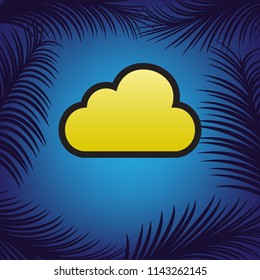 Cloud sign illustration. Vector. Golden icon with black contour at blue background with branches of palm trees.