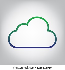Cloud sign illustration. Vector. Green to blue gradient contour icon at grayish background with light in center.