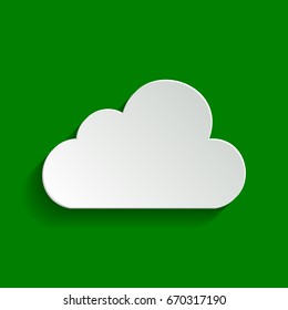 Cloud sign illustration. Vector. Paper whitish icon with soft shadow on green background.