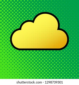 Cloud sign illustration. Vector. Pop art orange to yellow dots-gradient icon with black contour at greenish background.