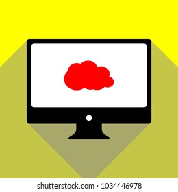 Cloud sign illustration. Vector. Red icon on white monitor of black all-in-one desktop computer with two shadows at yellow background.