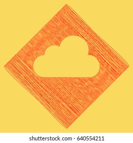 Cloud sign illustration. Vector. Red scribble icon obtained as a result of subtraction rhomb and path. Royal yellow background.