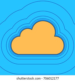 Cloud sign illustration. Vector. Sand color icon with black contour and equidistant blue contours like field at sky blue background. Like waves on map - island in ocean or sea.
