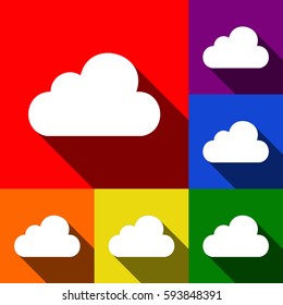 Cloud sign illustration. Vector. Set of icons with flat shadows at red, orange, yellow, green, blue and violet background.