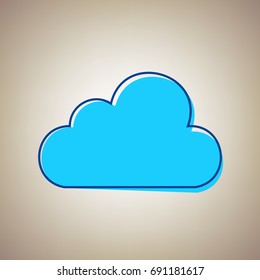 Cloud sign illustration. Vector. Sky blue icon with defected blue contour on beige background.