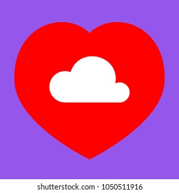 Cloud sign illustration. Vector. White icon in red heart at lavender background.