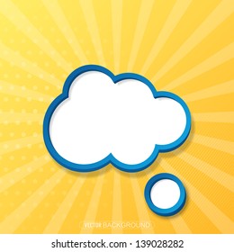 Cloud Sign And Speach Bubble Over Sun Burst Background. Vector Illustration