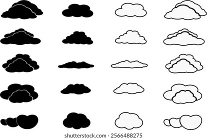 Cloud silhouette set. Collection of graphic meteorological black and white clouds. Vector illustration.