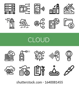 cloud simple icons set. Contains such icons as Server, Spray, Api, Flood, Cloud computing, Network, Forecast, Global server, Data mining, can be used for web, mobile and logo