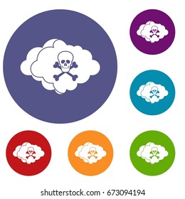 Cloud with skull and bones icons set in flat circle reb, blue and green color for web