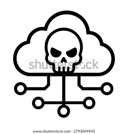 Cloud skull network, cloud icon with skull and connected nodes, black and white vector icon for cloud malware and cyber threat
